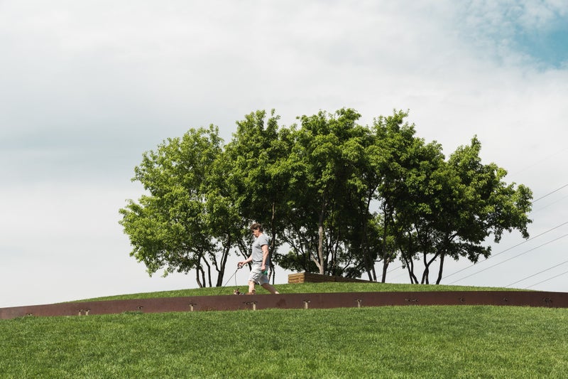 Man walking his dog in Downtown Minneapolis park