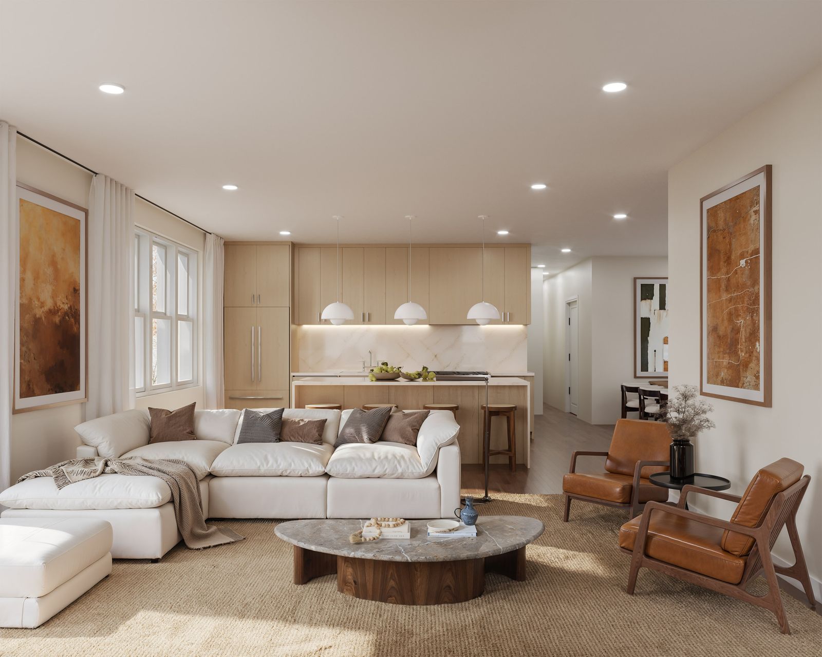 Open living room and white oak kitchen in Unit C1 at Washburn House